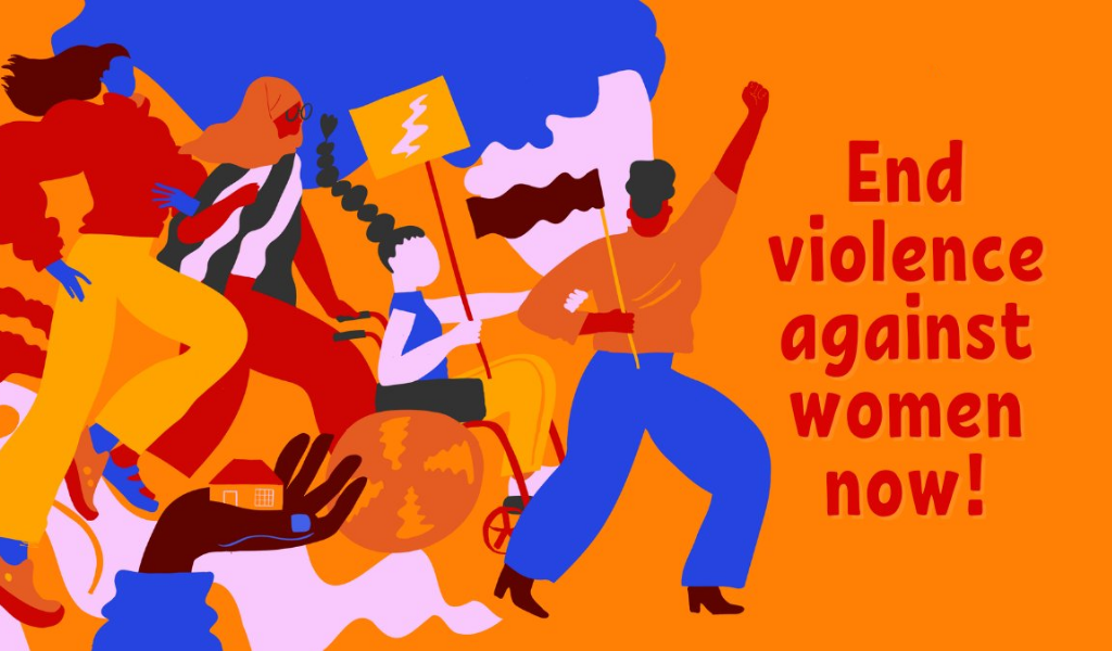 Illustration: diverse African activists marching with orange and purple banners